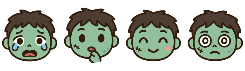 Cute Zombie Emoji Set – Crying, Thinking, Happy and Dizzy Kawaii Undead Faces – Halloween Vector Stickers
