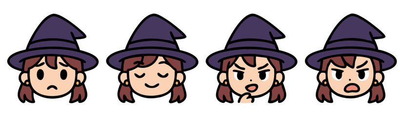 Kawaii Witch Girl Face Emotes – Sad, Sleepy, Thinking and Angry Halloween Stickers – Vector Emoji Pack
