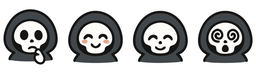 Kawaii Grim Reaper Face Emotes – Thinking, Smiling, Happy and Dizzy Cute Halloween Skull Stickers – Vector Pack
