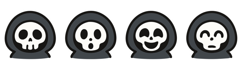 Cute Grim Reaper Face Emotes – Neutral, Surprised, Happy and Worried Skull Expressions – Kawaii Halloween Stickers
