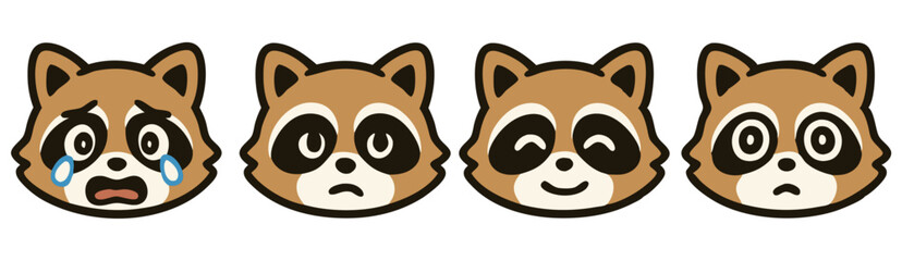 Cute Raccoon Emoji Set – Crying, Neutral, Winking and Worried Kawaii Animal Faces – Vector Sticker Pack
