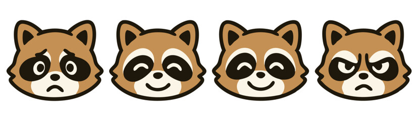 Cute Raccoon Face Emotes – Sad, Happy, Smiling and Angry Kawaii Animal Expressions – Vector Stickers
