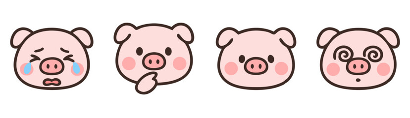 Kawaii Pig Face Emotes – Crying, Thinking, Neutral and Dizzy Cute Expressions – Vector Sticker Collection
