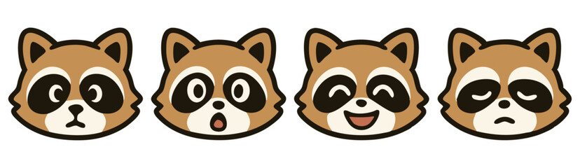 Kawaii Raccoon Emoji Set – Neutral, Surprised, Winking and Sleepy Cute Animal Faces – Vector Sticker Pack
