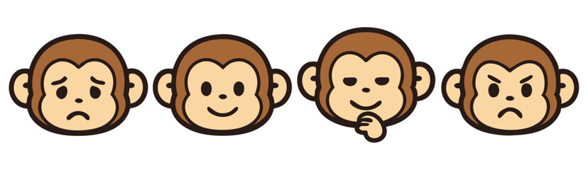Kawaii Monkey Face Emotes – Sad, Happy, Thinking and Angry Cute Expressions – Vector Sticker Set
