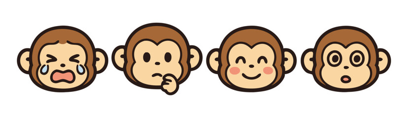 Kawaii Monkey Face Emotes – Crying, Thinking, Happy and Surprised Cute Expressions – Vector Sticker Pack
