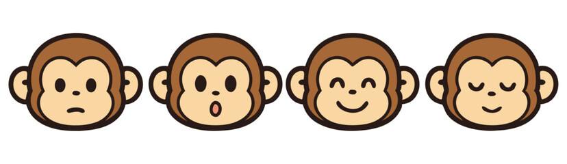 Cute Monkey Emoji Set – Neutral, Surprised, Happy and Sleepy Kawaii Animal Faces – Vector Sticker Pack
