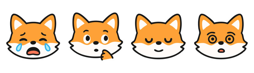 Kawaii Fox Face Emotes – Crying, Thinking, Sleepy and Surprised Cute Animal Expressions – Vector Sticker Pack
