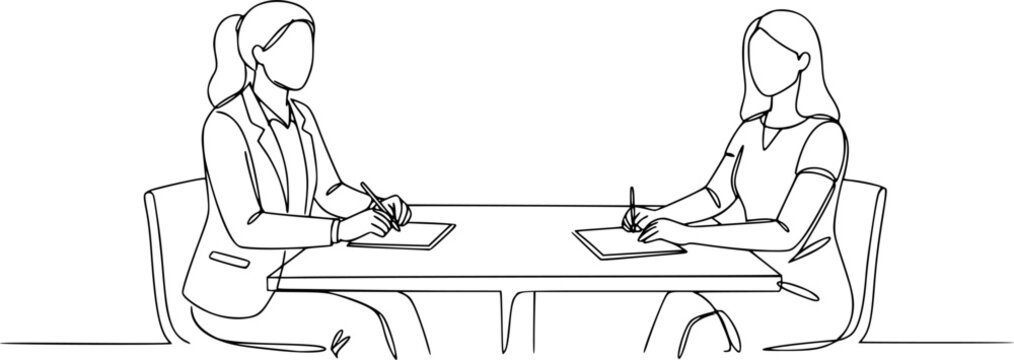 Job interview - vector modern simple one line design composition with recruiter and candidate. Continuous Line Drawing of Two women are talking at the table