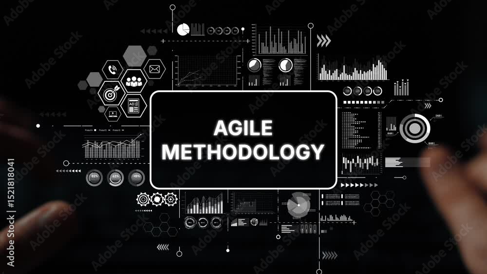 Poster hands typing on keyboard with agile methodology concept and data visualizations on screen. asymptoti