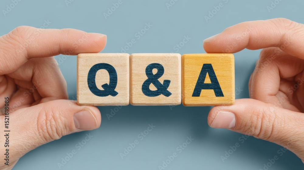 Poster hands holding wooden blocks spelling q&a, representing information and customer service support, per