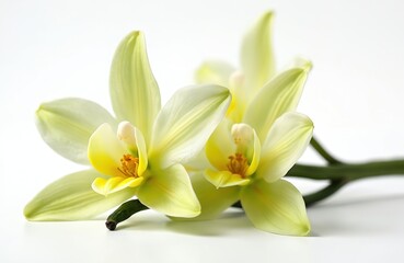 Fototapeta premium Vanilla flowers isolated on white. Vanilla orchid, vanilla planifolia. Vanilla beans used in food, perfumes, essential oils. Fragrant floral spice of natural origin. Popular ingredient for cooking,
