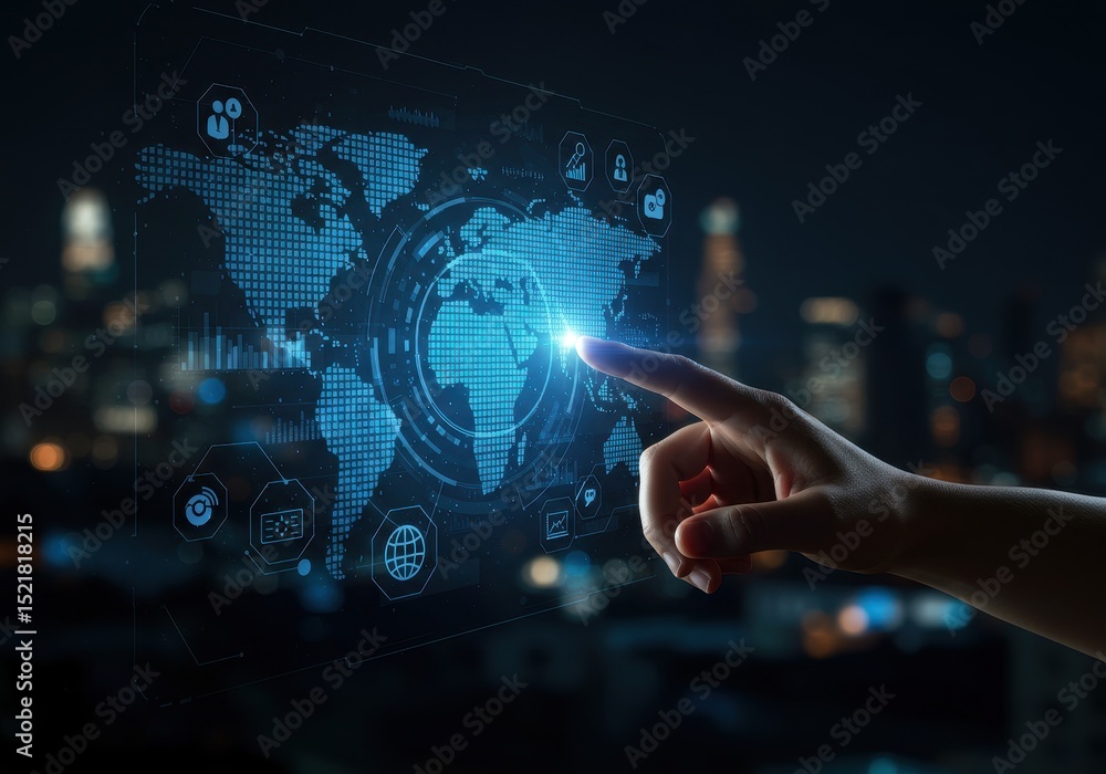 Aufkleber global network connecting world through digital technology and innovative interface
