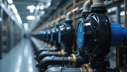 Illustration smart water management system with automated leak detection, efficient distribution in tech facility. Automated control system, monitoring water usage, energy efficiency, conservation.