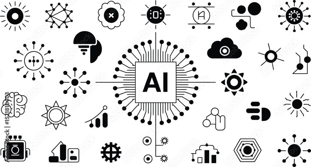 Poster illustration of artificial intelligence concept with various related icons around