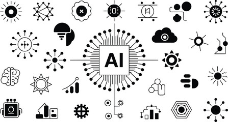 Illustration of artificial intelligence concept with various related icons around