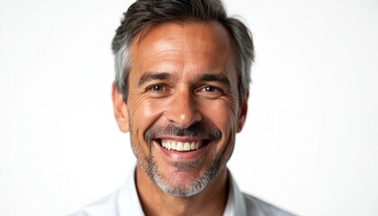 Obraz premium Cheerful middle-aged businessman in white shirt. Confident pro male portrait with happy smile. Smiling, mature, adult entrepreneur, smart look exudes trust, success.