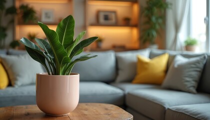 Zamioculcas zamiifolia in ceramic pot on rustic wooden table. Cozy living room with warm ambient lighting, homey atmosphere. Interior decor, indoor plant, houseplant in pot. Calm, peaceful home