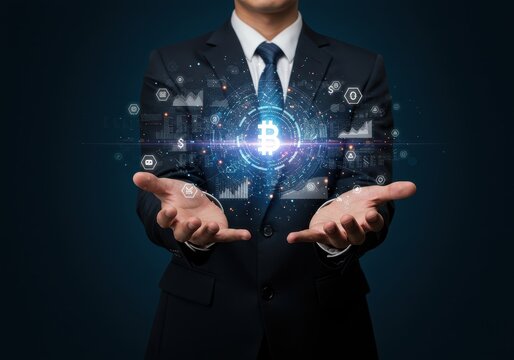 Businessman presenting bitcoin cryptocurrency with digital financial technology and investment