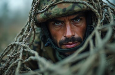 Obraz premium Close-up portrait of soldier wearing camouflage helmet. The soldier is behind a camouflage net. Man has focused look. Military, tactical. War combat, army, special forces.