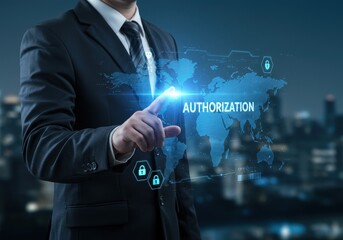 Businessman touching authorization interface on digital world map with lock icons