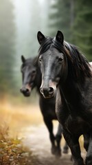 Fototapeta premium Majestic black horses walking through the misty forest on a tranquil morning