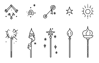  Vector icon of a magic wand, in a simple line art style with multiple lines in a single design, on a transparent background