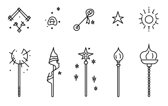 Vector icon of a magic wand, in a simple line art style with multiple lines in a single design, on a transparent background