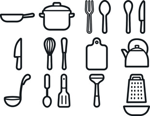 kitchen utensil icon pack. vector set including pot, pan, knife, spoon, fork, grater, cutting board, kettle and whisk in outline style.
