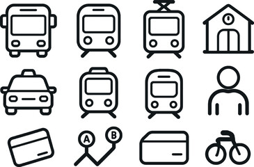 public transport icon set. outlined icons for bus, train, taxi, bike, subway, ticket, map route, and station symbol.
