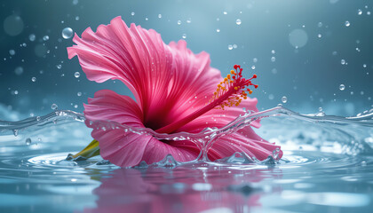 Vibrant pink hibiscus flower floating in crystal clear water with gentle bubbles