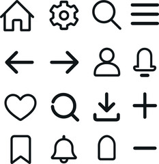 minimal UI icons. essential app navigation icons in line style including home, menu, settings, user, heart, bell, download and search.