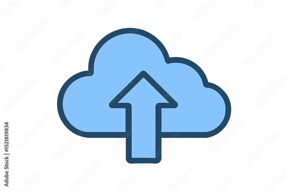 Poster cloud upload icon with arrow in blue outline style