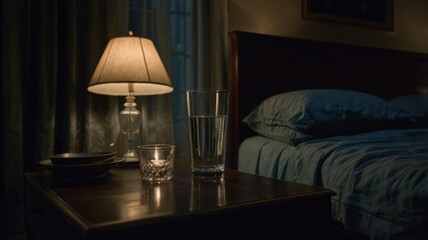 A glass of water on a nightstand beside a softly glowing lamp in a dark bedroom. Subtle party remnants in the background hint at a night winding down, evoking a calm, restorative atmosphere.