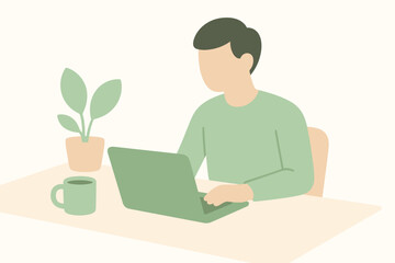 Young man working on laptop at home office with plants and coffee  