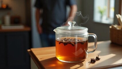 A glass pot of clove water cools on a wooden counter, with fading steam rising. In the background, a person prepares to bottle the golden liquid. The warm, rustic scene highlights natural wellness.