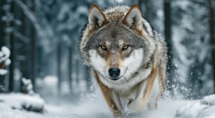 Obraz premium Gray Wolf Running Through Snowy Winter Forest, Symbolizing Wildlife Conservation and Wilderness Exploration, Perfect for Nature Photography and Outdoor Adventure : Generative AI
