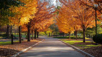 Autumn park pathway with falling leaves and trees landscape scenic nature photography background image 100 characters