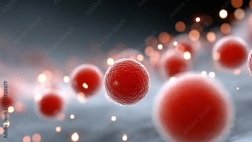 Poster Microscopic Red Spheres: Abstract image of red spheres glowing softly in a hazy environment, creating a visually captivating microscopic view, perfect for science, technology, or medical concepts.