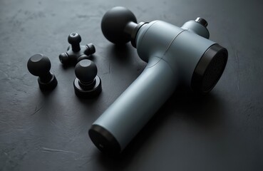 Close-up of body massager device with attachments. Massage gun for muscle therapy, fitness, recovery, wellness. Pro physical therapy equipment for home use. Electronic massager with different nozzles.