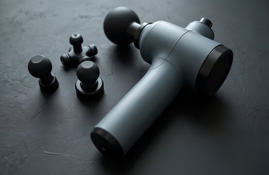 Close-up of body massager device with attachments. Massage gun for muscle therapy, fitness, recovery, wellness. Pro physical therapy equipment for home use. Electronic massager with different nozzles.