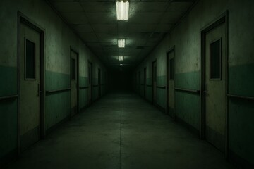 A long, dark hospital hallway with flickering fluorescent lights creating an eerie and unsettling atmosphere.