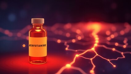 A glowing vial labeled "Benfotiamine" sits beside a molecular structure. In the background, smooth, glowing pathways symbolize balanced blood sugar and nerve protection.
