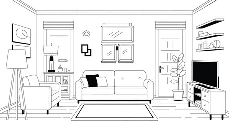 A living room interior with a sofa armchair tv and various decorations outlined