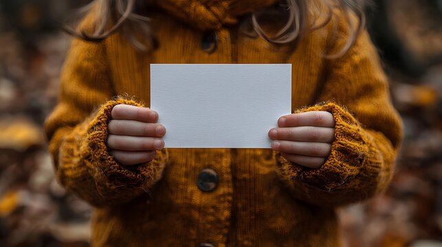 A child s hands holding a blank white gift card for Thanksgiving