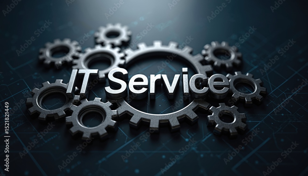 Aufkleber IT Service text within metal gears. Tech support concept, computer network, cloud computing, IT infrastructure, data security, system management solutions.
