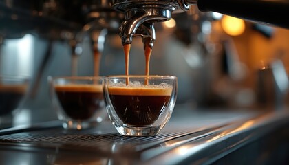 Close-up of espresso pouring into transparent glass cups. Coffee machine with fresh hot beverage for cafe. Barista prepares coffee. Espresso shot with crema.