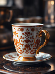 cup of coffee, handcrafted porcelain coffee cup, vintage gold coffee mug, ornate coffee cup design, luxury coffee set, unique artisan coffee mug, handmade ceramic espresso cup, elegant barista coffee 
