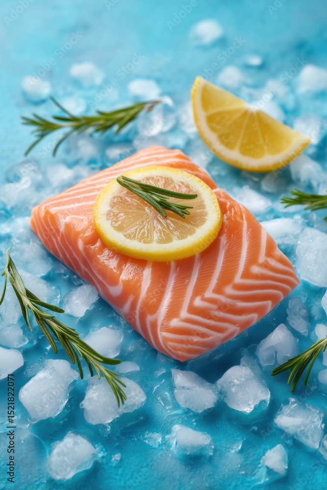Aufkleber raw salmon fillet adorned with lemon slices and rosemary on crushed ice, creating a colorful and ref