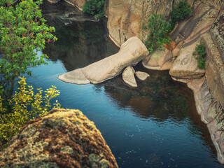 landscape view to river in canyon and stone walls with copy space 